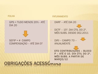FOLHA FATURAMENTO
• GPS = TUDO MENOS 20% - ATÉ
DIA 20
• SEFIP = # CAMPO
COMPENSAÇÃO – ATÉ DIA 07
• DARF – ATÉ DIA 20
• DCTF – 15º. DIA ÚTIL DO 2º.
MÊS SUBS. DESDE DEZ.2011
• DIPJ – CAMPO 70 –
ANUALMENTE
• EFD CONTRIBUIÇÕES – BLOCO
P – ATÉ O 10. DIA ÚTIL DO 2º.
MÊS SUBS. A PARTIR DE
MARÇO/12
 