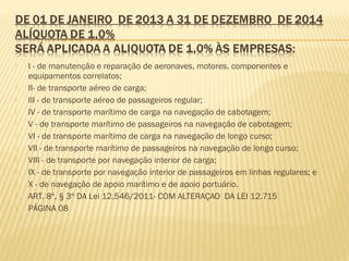  I - de manutenção e reparação de aeronaves, motores, componentes e
equipamentos correlatos;
 II- de transporte aéreo de carga;
 III - de transporte aéreo de passageiros regular;
 IV - de transporte marítimo de carga na navegação de cabotagem;
 V - de transporte marítimo de passageiros na navegação de cabotagem;
 VI - de transporte marítimo de carga na navegação de longo curso;
 VII - de transporte marítimo de passageiros na navegação de longo curso;
 VIII - de transporte por navegação interior de carga;
 IX - de transporte por navegação interior de passageiros em linhas regulares; e
 X - de navegação de apoio marítimo e de apoio portuário.
 ART. 8º, § 3º DA Lei 12.546/2011- COM ALTERAÇAO DA LEI 12.715
 PÁGINA 08
 