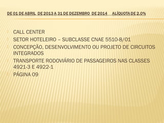  CALL CENTER
 SETOR HOTELEIRO – SUBCLASSE CNAE 5510-8/01
 CONCEPÇÃO, DESENVOLVIMENTO OU PROJETO DE CIRCUITOS
INTEGRADOS
 TRANSPORTE RODOVIÁRIO DE PASSAGEIROS NAS CLASSES
4921-3 E 4922-1
 PÁGINA 09
 