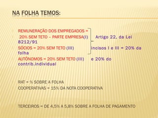  REMUNERAÇÃO DOS EMPREGADOS =
 20% SEM TETO – PARTE EMPRESA(I) Artigo 22, da Lei
8212/91
 SÓCIOS = 20% SEM TETO (III) incisos I e III = 20% da
folha
 AUTÔNOMOS = 20% SEM TETO (III) e 20% do
contrib.individual
 RAT = % SOBRE A FOLHA
 COOPERATIVAS = 15% DA NOTA COOPERATIVA
 TERCEIROS = DE 4,5% A 5,8% SOBRE A FOLHA DE PAGAMENTO
 