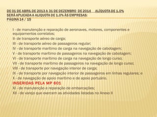 I - de manutenção e reparação de aeronaves, motores, componentes e
equipamentos correlatos;
 II- de transporte aéreo de carga;
 III - de transporte aéreo de passageiros regular;
 IV - de transporte marítimo de carga na navegação de cabotagem;
 V - de transporte marítimo de passageiros na navegação de cabotagem;
 VI - de transporte marítimo de carga na navegação de longo curso;
 VII - de transporte marítimo de passageiros na navegação de longo curso;
 VIII - de transporte por navegação interior de carga;
 IX - de transporte por navegação interior de passageiros em linhas regulares; e
 X - de navegação de apoio marítimo e de apoio portuário.
 INSERIDAS PELA MP 601
 XI - de manutenção e reparação de embarcações;
 XII - de varejo que exercem as atividades listadas no Anexo II
 