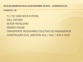  TI / TIC COM SEUS 8 ITENS
 CALL CENTER
 SETOR HOTELEIRO
 DESIGN HOUSE
 TRANSPORTE RODOVIÁRIO COLETIVO DE PASSAGEIROS
 CONSTRUÇÃO CIVIL (GRUPOS 412 / 432 / 433 E 439)
 