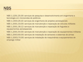  NBS 1.1201.25.00: serviços de pesquisa e desenvolvimento em engenharia e
tecnologia em microondas de potência
 NBS 1.1403.29.10: serviços de engenharia de projetos aeroespaciais
 NBS 1.2001.33.00: serviços de manutenção e reparação de veículos militares
 NBS 1.2001.39.12: serviços de manutenção e reparação de foguetes e
equipamentos aeroespaciais
 NBS 1.2001.54.00: serviços de manutenção e reparação de equipamentos militares
 NBS 1.2003.60.00: serviços de instalação de sensores e sistemas de armas
 NBS 1.2003.70.00: serviços de instalação de maquinários e equipamentos de
emprego militar
 