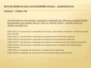  as empresas de manutenção, reparação e instalação de máquinas e equipamentos
enquadrados nas classes 3311-2, 3312-1, 3313-9, 3314-7, 3319-8, 3321-0 e
3329-5 da CNAE 2.0.
 CNAE 3311-2: manutenção e reparação de tanques, reservatórios metálicos e caldeiras, exceto
para veículos
 CNAE 3312-1: manutenção e reparação de equipamentos eletrônicos e ópticos
 CNAE 3313-9: manutenção e reparação de máquinas e equipamentos elétricos
 CNAE 3314-7: manutenção e reparação de máquinas e equipamentos da indústria mecânica
 CNAE 3319-8: manutenção e reparação de equipamentos e produtos não especificados
anteriormente
 CNAE 3321-0: instalação de máquinas e equipamentos industriais
 CNAE 3329-5: instalação de equipamentos não especificados anteriormente
 