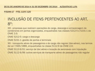  INCLUSÃO DE ITENS PERTENCENTES AO ART.
8º:
 XIII - empresas que realizam operações de carga, descarga e armazenagem de
contâineres em portos organizados, enquadrados nas classes 5212-5 e 5231-1 da
CNAE 2.0;
 CNAE 5212-5: carga e descarga
 CNAE 5231-1: gestão de portos e terminais
 XIV - transporte aéreo de passageiros e de carga não regular (táxi-aéreo), nos termos
da Lei 7.565/1986, enquadradas na classe 5112-9 da CNAE 2.0;
 CNAE 5112-9/01: serviço de táxi aéreo e locação de aeronaves com tripulação
 CNAE 5112-9/99: outros serviços de transporte aéreo de passageiros não regular
 
