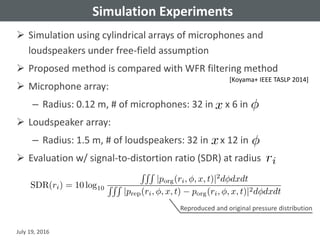 Simulation Experiments
 Simulation using cylindrical arrays of microphones and
loudspeakers under free-field assumption
 Proposed method is compared with WFR filtering method
 Microphone array:
– Radius: 0.12 m, # of microphones: 32 in x 6 in
 Loudspeaker array:
– Radius: 1.5 m, # of loudspeakers: 32 in x 12 in
 Evaluation w/ signal-to-distortion ratio (SDR) at radius
July 19, 2016
[Koyama+ IEEE TASLP 2014]
Reproduced and original pressure distribution
 