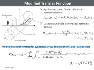 Modified Transfer Function
 Synthesized sound field in cylindrical
harmonic domain
 Desired sound field in cylindrical harmonic
domain
July 19, 2016
Modified transfer function for cylindrical arrays of microphones and loudspeakers
 