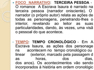 FOCO NARRATIVO: TERCEIRA PESSOA ‐
O romance A Escrava Isaura é narrado na
terceira pessoa (narrador onisciente). O
narrador (o próprio autor) relata as ações de
todas as personagens, penetrando‐lhes o
interior, revelando ao leitor as suas
particularidades, dando, às vezes, uma visã
o pessoal do que acontece.
• TEMPO: TEMPO CRONOLÓGICO ‐ Em A
Escrava Isaura, as ações dos personage
ns acontecem no tempo cronológico ou
linear (exterior, marcado pela passagem d
as horas, dos dias,
dos anos). Os acontecimentos vão sendo
incorporados à história em ordem cronológic
 