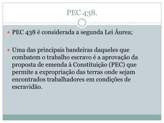 PEC 438.
 PEC 438 é considerada a segunda Lei Áurea;
 Uma das principais bandeiras daqueles que

combatem o trabalho escravo é a aprovação da
proposta de emenda à Constituição (PEC) que
permite a expropriação das terras onde sejam
encontrados trabalhadores em condições de
escravidão.

 