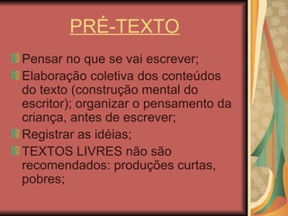 PRÉ-TEXTO Pensar no que se vai escrever; Elaboração coletiva dos conteúdos do texto (construção mental do escritor); organizar o pensamento da criança, antes de escrever; Registrar as idéias; TEXTOS LIVRES não são recomendados: produções curtas, pobres; 