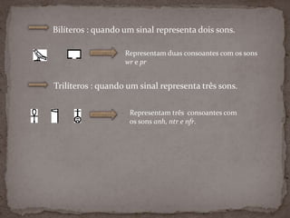 Bilíteros : quando um sinal representa dois sons.Representam duas consoantes com os sons wreprTrilíteros : quando um sinal representa três sons.Representam três  consoantes com os sons anh, ntr e nfr.