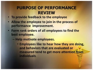 PURPOSE OF PERFORMANCE
             REVIEW
• To provide feedback to the employee
• Allow the employee to join in the process of
  performance improvement.
• Form rank orders of all employees to find the
  best employee.
   – Help motivate employees.
      • Employees like to hear how they are doing,
        and behaviors that are evaluated or
        measured tend to get more attention from
        individuals.
 