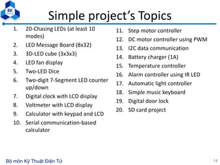 Bộ môn Kỹ Thuật Điện Tử
Simple project’s Topics
1. 20-Chasing LEDs (at least 10
modes)
2. LED Message Board (8x32)
3. 3D-LED cube (3x3x3)
4. LED fan display
5. Two-LED Dice
6. Two-digit 7-Segment LED counter
up/down
7. Digital clock with LCD display
8. Voltmeter with LCD display
9. Calculator with keypad and LCD
10. Serial communication-based
calculator
14
11. Step motor controller
12. DC motor controller using PWM
13. I2C data communication
14. Battery charger (1A)
15. Temperature controller
16. Alarm controller using IR LED
17. Automatic light controller
18. Simple music keyboard
19. Digital door lock
20. SD card project
 
