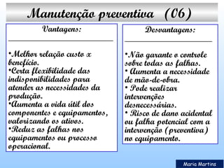 Manutenção preventiva   (06)
Vantagens:
________________________

Desvantagens:
____________________

•Melhor relação custo x
benefício.
•Certa flexibilidade das
indisponibilidades para
atender as necessidades da
produção.
•Aumenta a vida útil dos
componentes e equipamentos,
valorizando os ativos.
•Reduz as falhas nos
equipamentos ou processo
operacional.

•Não garante o controle
sobre todas as falhas.
• Aumenta a necessidade
de mão-de-obra.
• Pode realizar
intervenções
desnecessárias.
• Risco de dano acidental
ou falha potencial com a
intervenção (preventiva)
no equipamento.
Maria Martins

 
