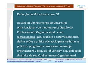 Ações de KM da ST.C para 2011 – Apresentação no DTL.C



              Definição de KM adotada pelo GT:

              Gestão do Conhecimento de um arranjo
              organizacional - ou simplesmente Gestão do
              Conhecimento Organizacional - é um
              metaprocesso, que, explícita e sistematicamente,
              define ações e práticas de apoio para melhorar as
              políticas, programas e processos do arranjo
              organizacional, os quais influenciam a qualidade da
              dinâmica de seu Conhecimento Organizacional
Superintendência de Empreendimentos de Transmissão – ST.C        Apresentação: Engº Fernando de Goldman
                                                                                      Divisão L. Apoio e
Divisão de Apoio de Controle de Qualidade – DACQ.C          30   Em 08.08.2011        Controle de Qualidade
 