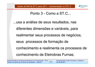 Ações de KM da ST.C para 2011 – Apresentação no DTL.C


                                Ponto 3 - Como a ST.C...

        ...usa a análise de seus resultados, nas
            diferentes dimensões e variáveis, para
            realimentar seus processos de negócios,
            seus processos de formação de
            conhecimento e realimenta os processos de
            conhecimento de Eletrobras Furnas;
Superintendência de Empreendimentos de Transmissão – ST.C        Apresentação: Engº Fernando de Goldman
                                                                                      Divisão L. Apoio e
Divisão de Apoio de Controle de Qualidade – DACQ.C          42   Em 08.08.2011        Controle de Qualidade
 