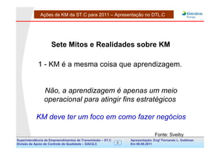 Ações de KM da ST.C para 2011 – Apresentação no DTL.C




                    Sete Mitos e Realidades sobre KM

            1 - KM é a mesma coisa que aprendizagem.


                Não, a aprendizagem é apenas um meio
                operacional para atingir fins estratégicos

           KM deve ter um foco em como fazer negócios

                                                                               Fonte: Sveiby
Superintendência de Empreendimentos de Transmissão – ST.C       Apresentação: Engº Fernando de Goldman
                                                                                     Divisão L. Apoio e
Divisão de Apoio de Controle de Qualidade – DACQ.C          6   Em 08.08.2011        Controle de Qualidade
 