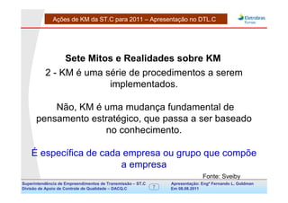 Ações de KM da ST.C para 2011 – Apresentação no DTL.C




               Sete Mitos e Realidades sobre KM
          2 - KM é uma série de procedimentos a serem
                        implementados.

          Não, KM é uma mudança fundamental de
      pensamento estratégico, que passa a ser baseado
                    no conhecimento.

    É específica de cada empresa ou grupo que compõe
                        a empresa
                                                                               Fonte: Sveiby
Superintendência de Empreendimentos de Transmissão – ST.C       Apresentação: Engº Fernando de Goldman
                                                                                     Divisão L. Apoio e
Divisão de Apoio de Controle de Qualidade – DACQ.C          7   Em 08.08.2011        Controle de Qualidade
 