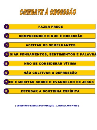 1 FAZER PRECE 
2 COMPREENDER O QUE É OBSESSÃO 
3 ACEITAR OS SEMELHANTES 
4VIGIAR PENSAMENTOS, SENTIMENTOS E PALAVRAS 
5 NÃO SE CONSIDERAR VÍTIMA 
6 NÃO CULTIVAR A DEPRESSÃO 
7LER E MEDITAR SOBRE O EVANGELHO DE JESUS 
ESTUDAR 8 A DOUTRINA ESPÍRITA 
( OBSESSÃO/O PASSE/A DOUTRINAÇÃO - J. HERCULANO PIRES ) 
 