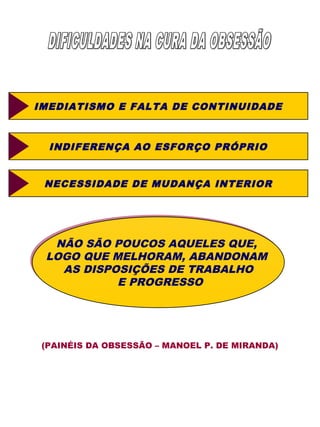 IMEDIATISMO E FALTA DE CONTINUIDADE 
INDIFERENÇA AO ESFORÇO PRÓPRIO 
NECESSIDADE DE MUDANÇA INTERIOR 
NÃO SÃO POUCOS AQUELES QUE, 
LOGO QUE MELHORAM, ABANDONAM 
AS DISPOSIÇÕES DE TRABALHO 
E PROGRESSO 
(PAINÉIS DA OBSESSÃO – MANOEL P. DE MIRANDA) 
 