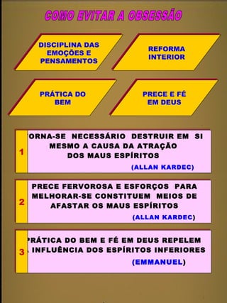 DISCIPLINA DAS 
EMOÇÕES E 
PENSAMENTOS 
DISCIPLINA DAS 
EMOÇÕES E 
PENSAMENTOS 
REFORMA 
INTERIOR 
REFORMA 
INTERIOR 
PRÁTICA DO 
PRÁTICA DO 
BEM 
BEM 
PRECE E FÉ 
EM DEUS 
PRECE E FÉ 
EM DEUS 
TORNA-SE NECESSÁRIO DESTRUIR EM SI 
TORNA-SE NECESSÁRIO DESTRUIR EM SI 
MESMO A CAUSA DA ATRAÇÃO 
MESMO A CAUSA DA ATRAÇÃO 
DOS MAUS ESPÍRITOS 
DOS MAUS ESPÍRITOS 
(ALLAN KARDEC) 
(ALLAN KARDEC) 
1 
PRECE FERVOROSA E ESFORÇOS PARA 
MELHORAR-SE CONSTITUEM MEIOS DE 
PRECE FERVOROSA E ESFORÇOS PARA 
MELHORAR-SE CONSTITUEM MEIOS DE 
AFASTAR OS MAUS ESPÍRITOS 
AFASTAR OS MAUS ESPÍRITOS 
(ALLAN KARDEC) 
(ALLAN KARDEC) 
2 
PRÁTICA DO BEM E FÉ EM DEUS REPELEM 
A INFLUÊNCIA DOS ESPÍRITOS INFERIORES 
PRÁTICA DO BEM E FÉ EM DEUS REPELEM 
A INFLUÊNCIA DOS ESPÍRITOS INFERIORES 
(EMMANUEL) 
(EMMANUEL) 
3 
 