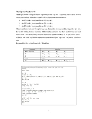 The Rijndael Key Schedule
The Key Schedule is responsible for expanding a short key into a larger key, whose parts are used
during the different iterations. Each key size is expanded to a different size:
An 128 bit key is expanded to an 176 byte key.
An 192 bit key is expanded to an 208 by
An 256 bit key is expanded to an 240 byte key.
There is a relation between the cipher key size, the number of rounds and the Expanded Key size.
For an 128-bit key, there is one initial AddRoundKey operation plus there are 10 rounds and each
round needs a new 16 byte key, therefore we require 10+1 Round Keys of 16 byte, which equals
176 byte. The same logic can be applied to the two other cipher key sizes. The general formula is
that:
ExpandedKeySize = (nbrRounds+1) * BlockSize
7
The Rijndael Key Schedule
Schedule is responsible for expanding a short key into a larger key, whose parts are used
during the different iterations. Each key size is expanded to a different size:
An 128 bit key is expanded to an 176 byte key.
An 192 bit key is expanded to an 208 byte key.
An 256 bit key is expanded to an 240 byte key.
There is a relation between the cipher key size, the number of rounds and the Expanded Key size.
bit key, there is one initial AddRoundKey operation plus there are 10 rounds and each
eeds a new 16 byte key, therefore we require 10+1 Round Keys of 16 byte, which equals
176 byte. The same logic can be applied to the two other cipher key sizes. The general formula is
ExpandedKeySize = (nbrRounds+1) * BlockSize
Schedule is responsible for expanding a short key into a larger key, whose parts are used
There is a relation between the cipher key size, the number of rounds and the Expanded Key size.
bit key, there is one initial AddRoundKey operation plus there are 10 rounds and each
eeds a new 16 byte key, therefore we require 10+1 Round Keys of 16 byte, which equals
176 byte. The same logic can be applied to the two other cipher key sizes. The general formula is
 