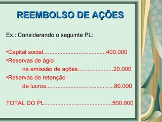 RREEEEMMBBOOLLSSOO DDEE AAÇÇÕÕEESS 
Ex.: Considerando o seguinte PL: 
•Capital social.......................................400.000 
•Reservas de ágio 
na emissão de ações......................20.000 
•Reservas de retenção 
de lucros..........................................80.000 
TOTAL DO PL..........................................500.000 
 