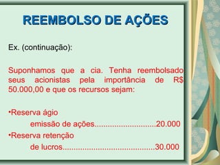 RREEEEMMBBOOLLSSOO DDEE AAÇÇÕÕEESS 
Ex. (continuação): 
Suponhamos que a cia. Tenha reembolsado 
seus acionistas pela importância de R$ 
50.000,00 e que os recursos sejam: 
•Reserva ágio 
emissão de ações............................20.000 
•Reserva retenção 
de lucros..........................................30.000 
 