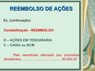 RREEEEMMBBOOLLSSOO DDEE AAÇÇÕÕEESS 
Ex. (continuação): 
Contabilização - REEMBOLSO: 
D – AÇÕES EM TESOURARIA 
C – CAIXA ou BCM 
Pelo reembolso efetuado aos acionistas 
dissidentes...........................................50.000,00 
 