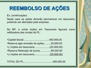 RREEEEMMBBOOLLSSOO DDEE AAÇÇÕÕEESS 
Ex. (continuação): 
Neste caso as ações deverão permanecer em tesouraria, 
podendo ser alienadas pela empresa. 
No BP, a conta Ações em Tesouraria figurará como 
retificadora das contas do PL: 
•Capital Social.....................................400.000,00 
•Reserva ágio emissão de ações..........20.000,00 
•(-) Ações em tesouraria......................(20.000,00) 
•Reserva Retenção de lucros................80.000,00 
•(-) Ações em tesouraria......................(30.000,00) 
TOTAL DO PL..........................................450.000,00 
 