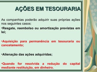 AAÇÇÕÕEESS EEMM TTEESSOOUURRAARRIIAA 
As companhias poderão adquirir suas próprias ações 
nos seguintes casos: 
•Resgate, reembolso ou amortização previstas em 
lei; 
•Aquisição para permanência em tesouraria ou 
cancelamento; 
•Alienação das ações adquiridas; 
•Quando for resolvida a redução do capital 
mediante restituição, em dinheiro. 
 