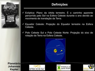 Definições
 Eclíptica: Plano da órbita terrestre. É o caminho aparente
percorrido pelo Sol na Esfera Celeste durante o ano devido ao
movimento de translação da Terra.
 Equador Celeste: Projeção do Equador terrestre na Esfera
Celeste.
 Polo Celeste Sul e Polo Celeste Norte: Projeção do eixo de
rotação da Terra na Esfera Celeste.
 