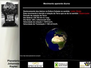 Movimento aparente diurno
Deslocamento dos Astros na Esfera Celeste no sentido Leste- Oeste.
Este movimento é devido a rotação da Terra que se da no sentido Oeste-Leste
Período de rotação da Terra:
Dia Sideral: 23h 56 min 4,1 seg.
Dia Solar: 24h ( referencial= Sol)
Velocidade de rotação = 1670 km/h.
Velocidade de Translação = 108 mil km/h.
Fonte: http://www.explicatorium.com/quimica/Planeta_Terra.php
 
