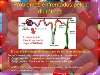 A membrana de
filtração apresenta
carga NEGATIVA !.

Se, após o efeito de primeira passagem, o fármaco apresentar:
1. Carga negativa: é repelido na membrana de filtração.
2. Carga positiva: ficará aderido na membrana de filtração.
CONSEQUÊNCIA: Os diuréticos, em sua maioria, não são filtrados
e, sim, secretados!

 