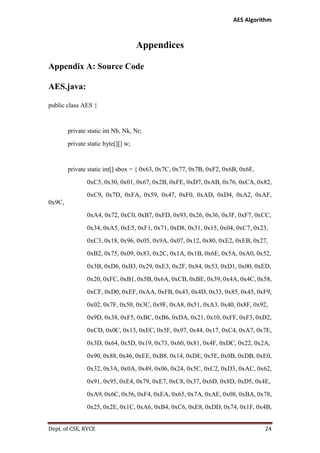 AES Algorithm

Appendices
Appendix A: Source Code
AES.java:
public class AES {

private static int Nb, Nk, Nr;
private static byte[][] w;

private static int[] sbox = { 0x63, 0x7C, 0x77, 0x7B, 0xF2, 0x6B, 0x6F,
0xC5, 0x30, 0x01, 0x67, 0x2B, 0xFE, 0xD7, 0xAB, 0x76, 0xCA, 0x82,
0xC9, 0x7D, 0xFA, 0x59, 0x47, 0xF0, 0xAD, 0xD4, 0xA2, 0xAF,
0x9C,
0xA4, 0x72, 0xC0, 0xB7, 0xFD, 0x93, 0x26, 0x36, 0x3F, 0xF7, 0xCC,
0x34, 0xA5, 0xE5, 0xF1, 0x71, 0xD8, 0x31, 0x15, 0x04, 0xC7, 0x23,
0xC3, 0x18, 0x96, 0x05, 0x9A, 0x07, 0x12, 0x80, 0xE2, 0xEB, 0x27,
0xB2, 0x75, 0x09, 0x83, 0x2C, 0x1A, 0x1B, 0x6E, 0x5A, 0xA0, 0x52,
0x3B, 0xD6, 0xB3, 0x29, 0xE3, 0x2F, 0x84, 0x53, 0xD1, 0x00, 0xED,
0x20, 0xFC, 0xB1, 0x5B, 0x6A, 0xCB, 0xBE, 0x39, 0x4A, 0x4C, 0x58,
0xCF, 0xD0, 0xEF, 0xAA, 0xFB, 0x43, 0x4D, 0x33, 0x85, 0x45, 0xF9,
0x02, 0x7F, 0x50, 0x3C, 0x9F, 0xA8, 0x51, 0xA3, 0x40, 0x8F, 0x92,
0x9D, 0x38, 0xF5, 0xBC, 0xB6, 0xDA, 0x21, 0x10, 0xFF, 0xF3, 0xD2,
0xCD, 0x0C, 0x13, 0xEC, 0x5F, 0x97, 0x44, 0x17, 0xC4, 0xA7, 0x7E,
0x3D, 0x64, 0x5D, 0x19, 0x73, 0x60, 0x81, 0x4F, 0xDC, 0x22, 0x2A,
0x90, 0x88, 0x46, 0xEE, 0xB8, 0x14, 0xDE, 0x5E, 0x0B, 0xDB, 0xE0,
0x32, 0x3A, 0x0A, 0x49, 0x06, 0x24, 0x5C, 0xC2, 0xD3, 0xAC, 0x62,
0x91, 0x95, 0xE4, 0x79, 0xE7, 0xC8, 0x37, 0x6D, 0x8D, 0xD5, 0x4E,
0xA9, 0x6C, 0x56, 0xF4, 0xEA, 0x65, 0x7A, 0xAE, 0x08, 0xBA, 0x78,
0x25, 0x2E, 0x1C, 0xA6, 0xB4, 0xC6, 0xE8, 0xDD, 0x74, 0x1F, 0x4B,
Dept. of CSE, RVCE

24

 