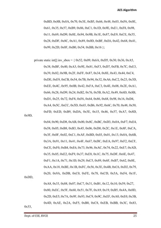 AES Algorithm

0xBD, 0x8B, 0x8A, 0x70, 0x3E, 0xB5, 0x66, 0x48, 0x03, 0xF6, 0x0E,
0x61, 0x35, 0x57, 0xB9, 0x86, 0xC1, 0x1D, 0x9E, 0xE1, 0xF8, 0x98,
0x11, 0x69, 0xD9, 0x8E, 0x94, 0x9B, 0x1E, 0x87, 0xE9, 0xCE, 0x55,
0x28, 0xDF, 0x8C, 0xA1, 0x89, 0x0D, 0xBF, 0xE6, 0x42, 0x68, 0x41,
0x99, 0x2D, 0x0F, 0xB0, 0x54, 0xBB, 0x16 };

private static int[] inv_sbox = { 0x52, 0x09, 0x6A, 0xD5, 0x30, 0x36, 0xA5,
0x38, 0xBF, 0x40, 0xA3, 0x9E, 0x81, 0xF3, 0xD7, 0xFB, 0x7C, 0xE3,
0x39, 0x82, 0x9B, 0x2F, 0xFF, 0x87, 0x34, 0x8E, 0x43, 0x44, 0xC4,
0xDE, 0xE9, 0xCB, 0x54, 0x7B, 0x94, 0x32, 0xA6, 0xC2, 0x23, 0x3D,
0xEE, 0x4C, 0x95, 0x0B, 0x42, 0xFA, 0xC3, 0x4E, 0x08, 0x2E, 0xA1,
0x66, 0x28, 0xD9, 0x24, 0xB2, 0x76, 0x5B, 0xA2, 0x49, 0x6D, 0x8B,
0xD1, 0x25, 0x72, 0xF8, 0xF6, 0x64, 0x86, 0x68, 0x98, 0x16, 0xD4,
0xA4, 0x5C, 0xCC, 0x5D, 0x65, 0xB6, 0x92, 0x6C, 0x70, 0x48, 0x50,
0xFD, 0xED, 0xB9, 0xDA, 0x5E, 0x15, 0x46, 0x57, 0xA7, 0x8D,
0x9D,
0x84, 0x90, 0xD8, 0xAB, 0x00, 0x8C, 0xBC, 0xD3, 0x0A, 0xF7, 0xE4,
0x58, 0x05, 0xB8, 0xB3, 0x45, 0x06, 0xD0, 0x2C, 0x1E, 0x8F, 0xCA,
0x3F, 0x0F, 0x02, 0xC1, 0xAF, 0xBD, 0x03, 0x01, 0x13, 0x8A, 0x6B,
0x3A, 0x91, 0x11, 0x41, 0x4F, 0x67, 0xDC, 0xEA, 0x97, 0xF2, 0xCF,
0xCE, 0xF0, 0xB4, 0xE6, 0x73, 0x96, 0xAC, 0x74, 0x22, 0xE7, 0xAD,
0x35, 0x85, 0xE2, 0xF9, 0x37, 0xE8, 0x1C, 0x75, 0xDF, 0x6E, 0x47,
0xF1, 0x1A, 0x71, 0x1D, 0x29, 0xC5, 0x89, 0x6F, 0xB7, 0x62, 0x0E,
0xAA, 0x18, 0xBE, 0x1B, 0xFC, 0x56, 0x3E, 0x4B, 0xC6, 0xD2, 0x79,
0x20, 0x9A, 0xDB, 0xC0, 0xFE, 0x78, 0xCD, 0x5A, 0xF4, 0x1F,
0xDD,
0xA8, 0x33, 0x88, 0x07, 0xC7, 0x31, 0xB1, 0x12, 0x10, 0x59, 0x27,
0x80, 0xEC, 0x5F, 0x60, 0x51, 0x7F, 0xA9, 0x19, 0xB5, 0x4A, 0x0D,
0x2D, 0xE5, 0x7A, 0x9F, 0x93, 0xC9, 0x9C, 0xEF, 0xA0, 0xE0, 0x3B,
0x4D, 0xAE, 0x2A, 0xF5, 0xB0, 0xC8, 0xEB, 0xBB, 0x3C, 0x83,
0x53,
Dept. of CSE, RVCE

25

 