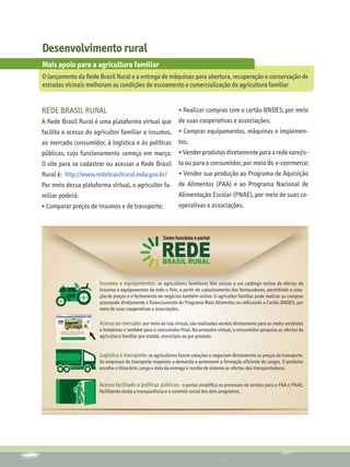 Desenvolvimento rural
Mais apoio para a agricultura familiar
O lançamento da Rede Brasil Rural e a entrega de máquinas para abertura, recuperação e conservação de
estradas vicinais melhoram as condições de escoamento e comercialização da agricultura familiar


Rede Brasil Rural                                              • Realizar compras com o cartão BNDES, por meio
A Rede Brasil Rural é uma plataforma virtual que               de suas cooperativas e associações;
facilita o acesso do agricultor familiar a insumos,            • Comprar equipamentos, máquinas e implemen-
ao mercado consumidor, à logística e às políticas              tos;
públicas, cujo funcionamento começa em março.                  • Vender produtos diretamente para a rede varejis-
O site para se cadastrar ou acessar a Rede Brasil              ta ou para o consumidor, por meio do e-commerce;
Rural é: http://www.redebrasilrural.mda.gov.br/                • Vender sua produção ao Programa de Aquisição
Por meio dessa plataforma virtual, o agricultor fa-            de Alimentos (PAA) e ao Programa Nacional de
miliar poderá:                                                 Alimentação Escolar (PNAE), por meio de suas co-
• Comparar preços de insumos e de transporte;                  operativas e associações.




                      Insumos e equipamentos: os agricultores familiares têm acesso a um catálogo online de ofertas de
                      insumos e equipamentos de todo o País, a partir do cadastramento dos fornecedores, permitindo a cota-
                      ção de preços e o fechamento de negócios também online. O agricultor familiar pode realizar as compras
                      acessando diretamente o financiamento do Programa Mais Alimentos ou utilizando o Cartão BNDES, por
                      meio de suas cooperativas e associações.

                      Acesso ao mercado: por meio da loja virtual, são realizadas vendas diretamente para as redes varejistas
                      e hoteleiras e também para o consumidor final. No armazém virtual, o consumidor pesquisa as ofertas da
                      agricultura familiar por estado, município ou por produto.


                      Logística e transporte: os agricultores fazem cotações e negociam diretamente os preços de transporte.
                      As empresas de transporte mapeiam a demanda e promovem a formação eficiente de cargas. O produtor
                      escolhe o itinerário, carga e data da entrega e recebe do sistema as ofertas das transportadoras.


                      Acesso facilitado a políticas públicas: o portal simplifica os processos de vendas para o PAA e PNAE,
                      facilitando ainda a transparência e o controle social dos dois programas.
 