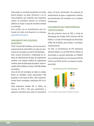 Cada estado ou município beneficiário do Cartão        básico. Já foram selecionadas 134 propostas de
deverá designar um gestor financeiro e um ou           abastecimento de água e esgotamento sanitário,
mais portadores, que receberão seus respectivos        que beneficiarão 125 municípios em 13 unidades
cartões. Os portadores deverão ser servidores          da federação.
públicos ou ocupar o cargo de secretário estadual
ou municipal.                                          Crescimento das transferências
Uma cartilha com os procedimentos para uti-
                                                       constitucionais
lização do Cartão está disponível no endereço
                                                       Nos dois primeiros meses de 2012, o Fundo de
www.defesacivil.gov.br
                                                       Participação dos Estados (FPE) transferiu R$ 9,6
                                                       bilhões e o Fundo de Participação dos Municípios
Saneamento nos pequenos
municípios                                             (FPM), R$ 10 bilhões, para Estados e municípios,
O PAC 2 investe R$ 2,9 bilhões, com recursos do Or-    respectivamente.
çamento Geral da União (OGU), em ações de sane-        Em 2011, as transferências do FPE totalizaram
amento em municípios com até 50 mil habitantes.        R$ 48,07 bilhões e as do FPM, R$ 53,1 bilhões, já
Estes recursos financiarão a implantação de sis-       descontadas as parcelas destinadas ao FUNDEB.
temas de abastecimento de água, de esgotamento         Esse resultado significa um crescimento do FPE de
sanitário e de soluções estáticas de esgotamento       23,2% e do FPM de 23,3%, em relação ao resulta-
sanitário, além da elaboração de projetos. Serão in-   do de 2010.
vestidos R$ 2,6 bilhões em obras e R$ 300 milhões
em projetos.                                                     Transferência para FPE e FPM (R$ bilhões)

Cerca de três mil municípios em todos os estados
devem ser atendidos. Foram selecionadas 3.769
propostas e, até março de 2012, 1.842 empreendi-
mentos foram contratados, totalizando R$ 2,4 bi-
lhões.
Estão disponíveis também R$ 1,1 bilhão, em
recursos do FGTS e FAT, para empréstimos a
pequenos municípios para ações de saneamento           Fonte: Secretaria do Tesouro Nacional / Ministério da Fazenda.
 