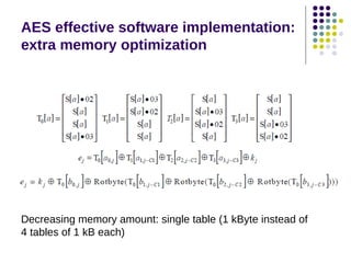 AES effective software implementation:
extra memory optimization
Decreasing memory amount: single table (1 kByte instead of
4 tables of 1 kB each)
 