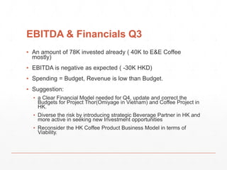EBITDA & Financials Q3 
▪ An amount of 78K invested already ( 40K to E&E Coffee 
mostly) 
▪ EBITDA is negative as expected ( -30K HKD) 
▪ Spending = Budget, Revenue is low than Budget. 
▪ Suggestion: 
▪ a Clear Financial Model needed for Q4, update and correct the 
Budgets for Project Thor(Omiyage in Vietnam) and Coffee Project in 
HK. 
▪ Diverse the risk by introducing strategic Beverage Partner in HK and 
more active in seeking new Investment opportunities 
▪ Reconsider the HK Coffee Product Business Model in terms of 
Viability. 
 