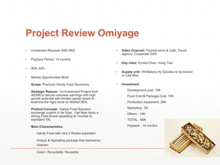 Project Review Omiyage 
▪ Investment Request: 60K HKD 
▪ Payback Period: 14 months 
▪ ROI: 40% 
▪ Market Opportunities Brief: 
Scope: Premium Handy Food Souvenirs 
Strategic Reason: 1st Investment Project from 
AESIR to secure overseas earnings with high 
growth potential with limited capital raised to 
examine the right move on Market SEA. 
Product Concept : Handy Food Souvenir 
exchange custom in far East. Viet Nam lacks a 
strong Food Brand appealing to Tourists to 
represent VN. 
Main Characteristics : 
Handy Food with mini 2 Weeks expiration 
Unique & Appealing package that represents 
Vietnam 
Green: Recyclable, Reusable 
▪ Sales Channel: Tourists store & Cafe, Travel 
agency, Cooperate Gifts 
▪ Key roles: Ernest Chan, Hung Tran 
▪ Supply unit: VN Bakery Hy Goodies to be locked 
in Late May. 
▪ Investment: 
Development cost: 10K 
Food Cost & Package Cost: 15K 
Production equipment: 20K 
Marketing: 5K 
Others : 10K 
TOTAL : 60K 
Payback : 14 months 
 