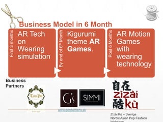 Business Model in 6 Month 
First 3 months 
AR Tech 
on 
Wearing 
simulation 
By end of 6th Month 
Kigurumi 
theme AR 
Games. 
Post 6 Months 
AR Motion 
Games 
with 
wearing 
technology 
Business 
Partners 
www.gentlemens.sk 
Zìzài Kù – Sverige 
Nordic Asian Pop Fashion 
Webshop 
 