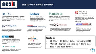 “The main goal of SD-WAN
technology is to deliver a
business-class, secure, and
simple cloud-enabled WAN.”
“More than just a buzzword, SD-WAN is
already delivering benefits to early
adopters.”
“SD-WAN solutions could and should
enable CSPs to increase the value of
their managed services for business
customers.”
“SD-WAN… can solve some real
problems in Wide Area Networks
experienced by every network
administrator.”
“Enterprise WANs are costly and
complex to manage. SD-WAN
technology can help.”
“SD-WAN solutions enable the capability of
leveraging the right mix of expensive and
inexpensive WAN links.”
"By the end of 2019, 30% of
enterprises will use SD-WAN
products in all their branches, up
from less than 1% today."
“SD-WAN revenues will exceed $6 billion in
2020 with a compound annual growth rate
(CAGR) of more than 90% over the 2015-2020
forecast period.”
“The big idea for SD-WAN is that multiple
physical WAN links of any sort can be
used to carry traffic without the network
engineer having to do much
engineering.”
“Network managers are exploring software-
defined WAN (SD-WAN) to manage complex
topologies and meet modern business needs
for agility.”
“If you're in the field of telecommunications or
in IT and this is the first you've heard of SD-
WAN, I assure you, it will not be the last.”
Gartner
 SD-WAN - $7 Billion-dollar market by 2019
 Market adoption increase from 1% to over
30% in the next 3 years
Elastic-UTM meets SD-WAN
 