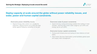 Deploy capacity at scale around the globe without power reliability issues, and
water, power and human capital constraints.
Overcome water & power constraints
> Award-winning cooling technology enables free cooling in most
climates, reducing data center water usage by up to 85% and
energy use by up to 80%.
Overcome human capital constraints
> Factory-built infrastructure and testing for less reliance on local
talent.
> Data Center Services Optimization portal facilitates global asset
and supply chain management.
13
Solving the Strategic: Deploying at scale around the world
Overcome power reliability issues
> Aligned Energy data centers can actually be
capacitive, helping resolve and protect the data
center against frequency variability on the grid.
 