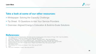 Take a look at some of our other resources:
> Whitepaper: Solving the Capacity Challenge
> Tip Sheet: 15 Questions to Ask Your Service Providers
> Overview: Aligned Energy’s Colocation & Build-to-Scale Solutions
16
Learn More
References:
1. “The Digital Universe of Opportunities: Rich Data and the Increasing Value of the Internet of Things,” EMC. http://bit.ly/2jMfjOq
2. “The Zettabyte Era: Trends and Analysis,” Cisco. https://goo.gl/7uV8CP
3. “Business Intelligence: The Internet of Things 2017 Report,” Business Insider. https://goo.gl/jqJbhe
4. Mark Thiele, “400 Million new servers needed by 2020 - Think Different or Lose.” https://goo.gl/VHGbQG
5. “Keeping Pace With the Cloud: Lessons From Google and Microsoft,” Data Center Frontier. https://goo.gl/hvaiBE
6. “Bringing Pokémon GO to life on Google Cloud,” Google Cloud Platform blog. https://goo.gl/1uzg5R
7. Data Center Frontier.
8. “The Zettabyte Era: Trends and Analysis,” Cisco. https://goo.gl/7uV8CP
9. Cisco.
10. “IDC’s 2017 Predictions,” Forbes. https://goo.gl/X47E7i
 
