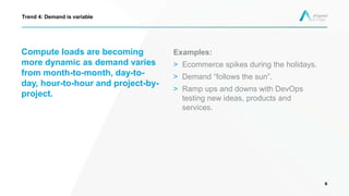Compute loads are becoming
more dynamic as demand varies
from month-to-month, day-to-
day, hour-to-hour and project-by-
project.
Examples:
> Ecommerce spikes during the holidays.
> Demand “follows the sun”.
> Ramp ups and downs with DevOps
testing new ideas, products and
services.
6
Trend 4: Demand is variable
 