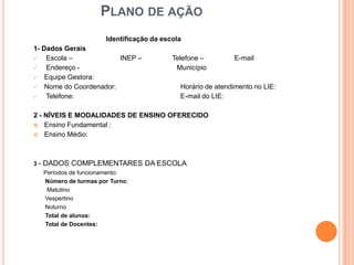 PLANO DE AÇÃO
                        Identificação da escola
1- Dados Gerais
   Escola –           INEP –               Telefone –        E-mail
   Endereço -                               Município
 Equipe Gestora:
 Nome do Coordenador:                        Horário de atendimento no LIE:
   Telefone:                                 E-mail do LIE:

2 - NÍVEIS E MODALIDADES DE ENSINO OFERECIDO
 Ensino Fundamental :
 Ensino Médio:




3-   DADOS COMPLEMENTARES DA ESCOLA
     Períodos de funcionamento:
     Número de turmas por Turno:
      Matutino
     Vespertino
     Noturno
     Total de alunos:
     Total de Docentes:
 