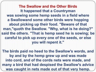 The Swallow and the Other Birds
            It happened that a Countryman
   was sowing some hemp seeds in a field where
   a Swallowand some other birds were hopping
    about picking up their food. "Beware of that
 man,"quoth the Swallow. "Why, what is he doing?"
said the others. "That is hemp seed he is sowing; be
  careful to pick up every one of the seeds, or else
                   you will repent it."

The birds paid no heed to the Swallow's words, and
    by and by the hemp grew up and was made
 into cord, and of the cords nets were made, and
many a bird that had despised the Swallow's advice
  was caught in nets made out of that very hemp.
 