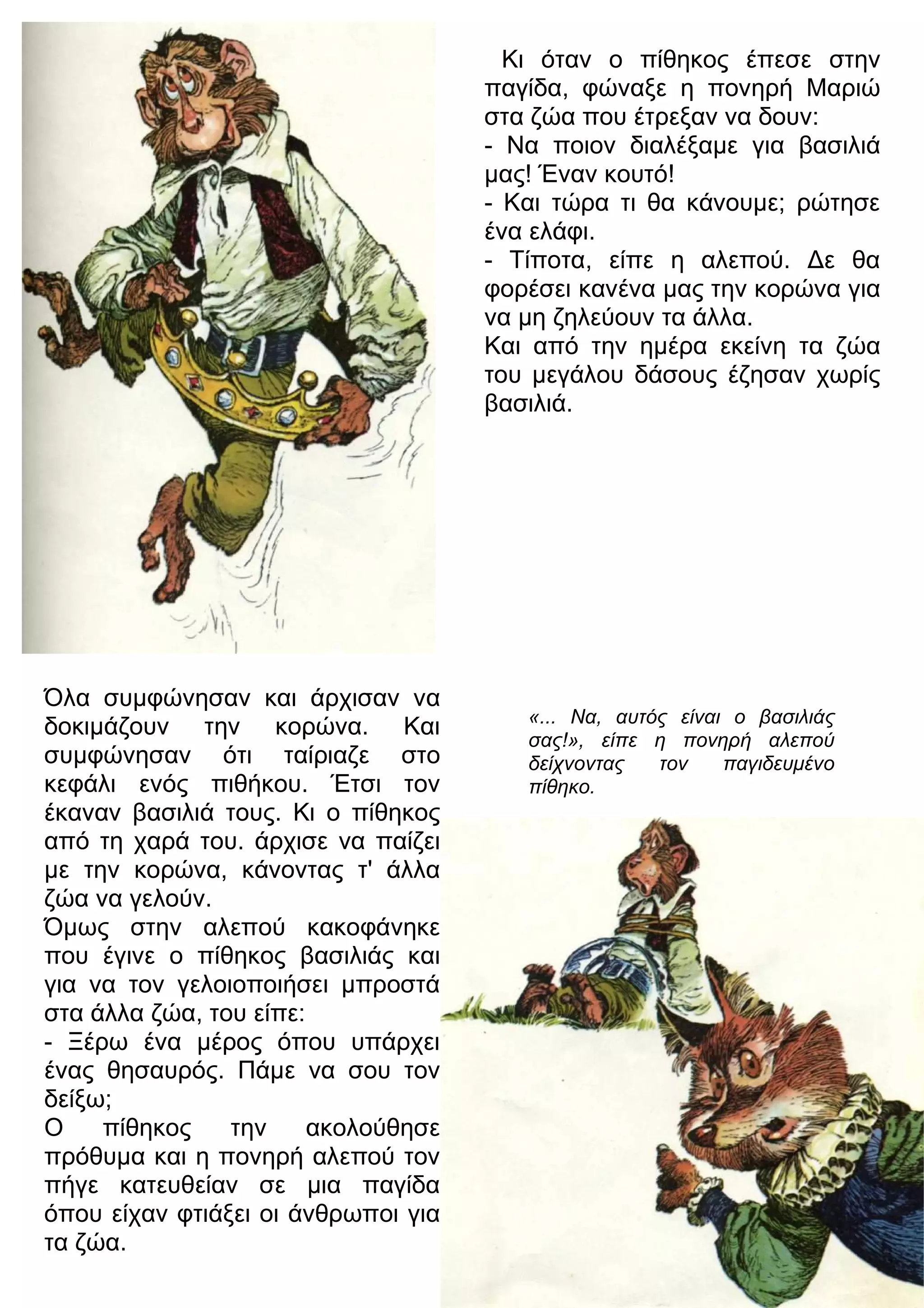 Όλα συμφώνησαν και άρχισαν να 
δοκιμάζουν την κορώνα. Και 
συμφώνησαν ότι ταίριαζε στο 
κεφάλι ενός πιθήκου. Έτσι τον 
έκαναν βασιλιά τους. Κι ο πίθηκος 
από τη χαρά του. άρχισε να παίζει 
με την κορώνα, κάνοντας τ' άλλα 
ζώα να γελούν. 
Όμως στην αλεπού κακοφάνηκε 
που έγινε ο πίθηκος βασιλιάς και 
για να τον γελοιοποιήσει μπροστά 
στα άλλα ζώα, του είπε: 
- Ξέρω ένα μέρος όπου υπάρχει 
ένας θησαυρός. Πάμε να σου τον 
δείξω; 
Ο πίθηκος την ακολούθησε 
πρόθυμα και η πονηρή αλεπού τον 
πήγε κατευθείαν σε μια παγίδα 
όπου είχαν φτιάξει οι άνθρωποι για 
τα ζώα. 
Κι όταν ο πίθηκος έπεσε στην 
παγίδα, φώναξε η πονηρή Μαριώ 
στα ζώα που έτρεξαν να δουν: 
- Να ποιον διαλέξαμε για βασιλιά 
μας! Έναν κουτό! 
- Και τώρα τι θα κάνουμε; ρώτησε 
ένα ελάφι. 
- Τίποτα, είπε η αλεπού. 3ε θα 
φορέσει κανένα μας την κορώνα για 
να μη ζηλεύουν τα άλλα. 
Και από την ημέρα εκείνη τα ζώα 
του μεγάλου δάσους έζησαν χωρίς 
βασιλιά. 
«... Να, αυτός είναι ο βασιλιάς 
σας!», είπε η πονηρή αλεπού 
δείχνοντας τον παγιδευμένο 
πίθηκο. 
 