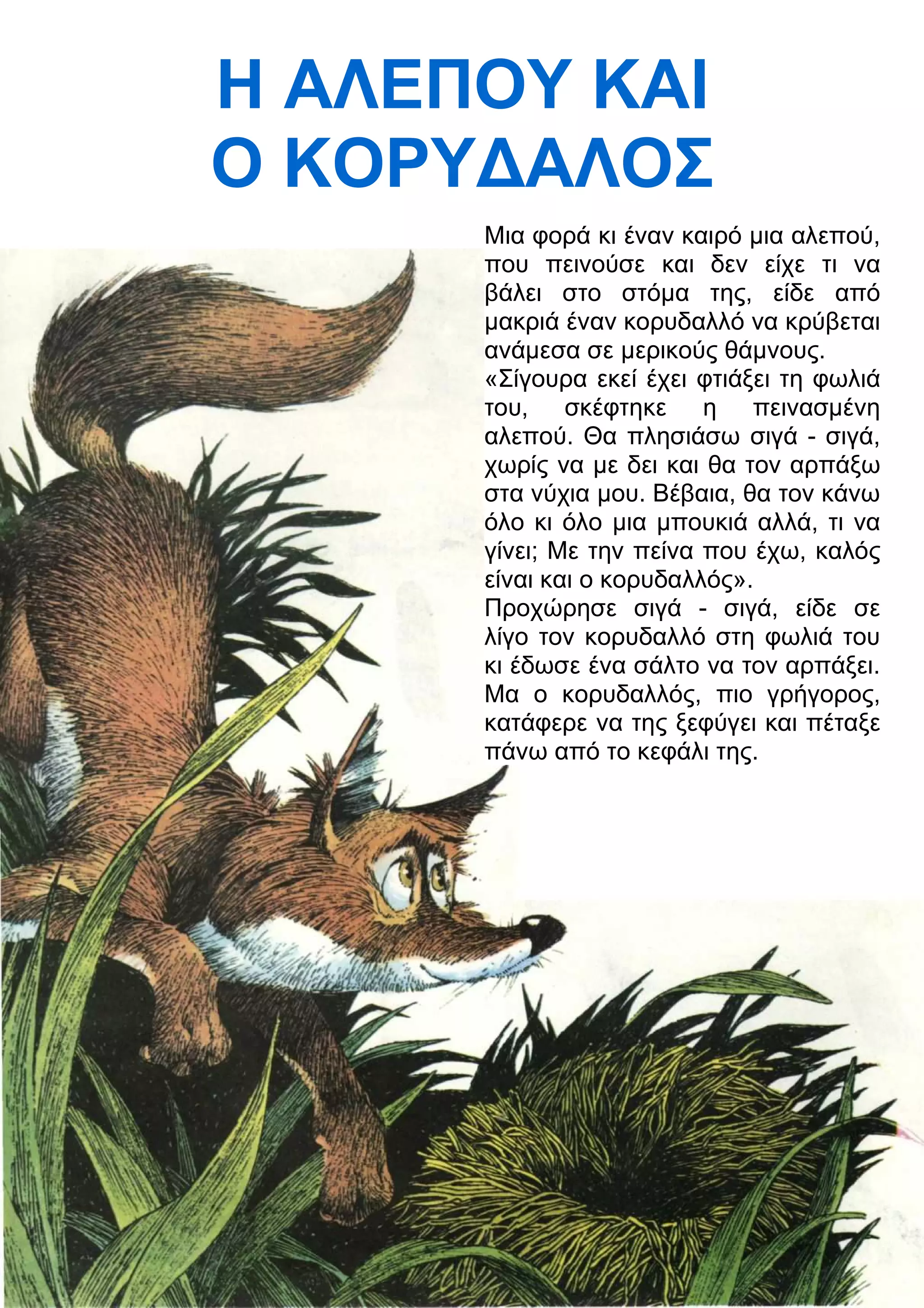 Η ΑΛΕΠΟΥ ΚΑΙ 
Ο ΚΟΡΥ
ΑΛΟΣ 
Μια φορά κι έναν καιρό μια αλεπού, 
που πεινούσε και δεν είχε τι να 
βάλει στο στόμα της, είδε από 
μακριά έναν κορυδαλλό να κρύβεται 
ανάμεσα σε μερικούς θάμνους. 
«Σίγουρα εκεί έχει φτιάξει τη φωλιά 
του, σκέφτηκε η πεινασμένη 
αλεπού. Θα πλησιάσω σιγά - σιγά, 
χωρίς να με δει και θα τον αρπάξω 
στα νύχια μου. Βέβαια, θα τον κάνω 
όλο κι όλο μια μπουκιά αλλά, τι να 
γίνει; Με την πείνα που έχω, καλός 
είναι και ο κορυδαλλός». 
Προχώρησε σιγά - σιγά, είδε σε 
λίγο τον κορυδαλλό στη φωλιά του 
κι έδωσε ένα σάλτο να τον αρπάξει. 
Μα ο κορυδαλλός, πιο γρήγορος, 
κατάφερε να της ξεφύγει και πέταξε 
πάνω από το κεφάλι της. 
 